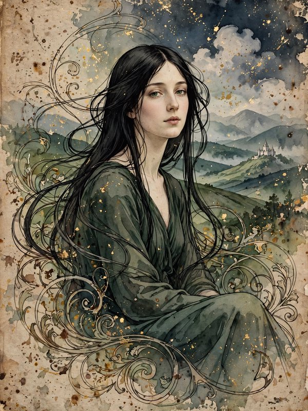 Ethereal pale woman with flowing long black hair sits against a misty mountain castle landscape in vintage watercolor style