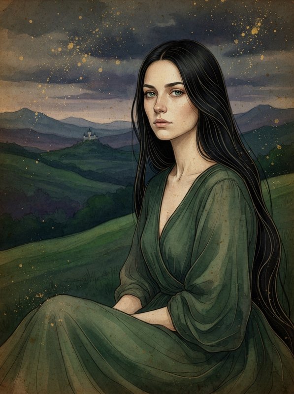 Ethereal woman with long black hair in a green gown sits overlooking a twilight fantasy landscape