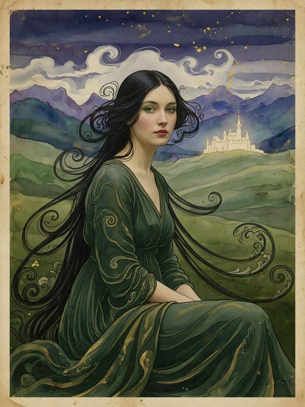 Art Nouveau portrait of an ethereal fantasy woman in a green gown, with a distant castle under a starry twilight sky