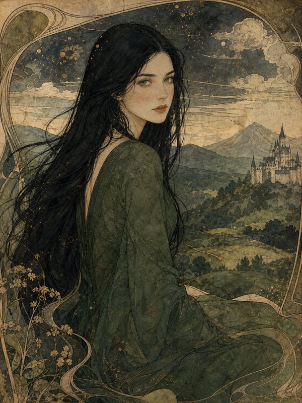 Ethereal Art Nouveau illustration of a woman with long black hair in a green gown overlooking a castle landscape