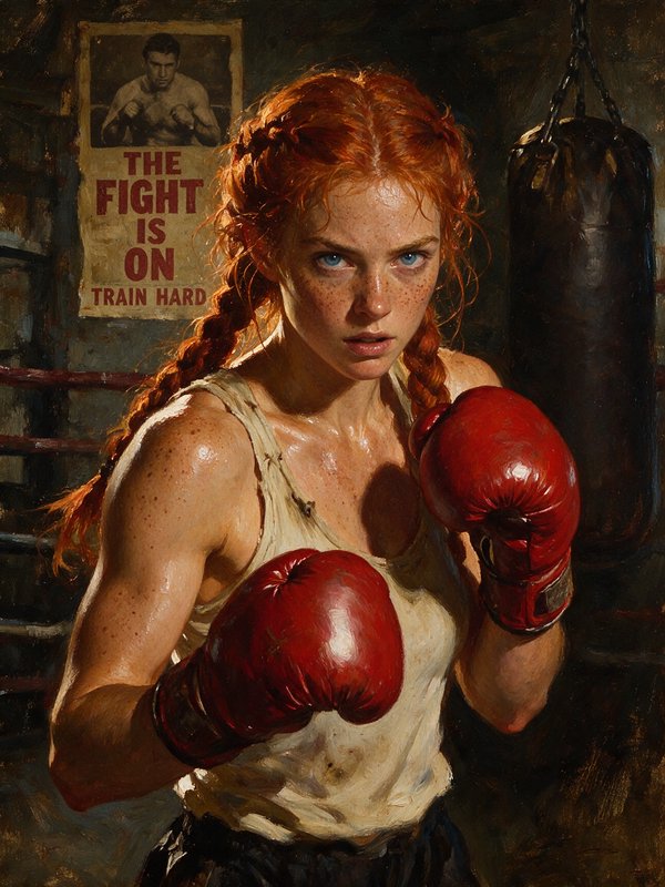 Fierce braided red-haired female boxer stands in a fighting stance in a gritty vintage boxing gym