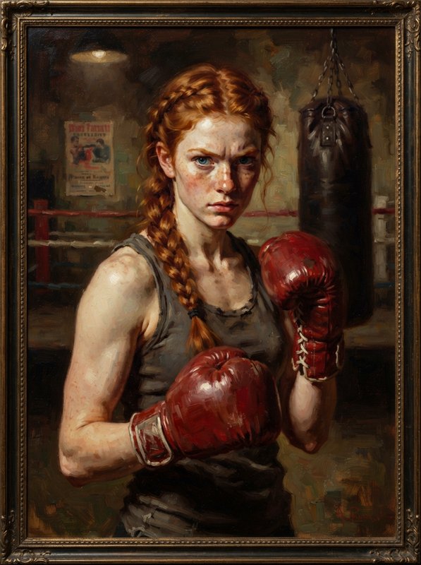 Determined braided red-haired female boxer holds red gloves in a vintage gym fighting stance