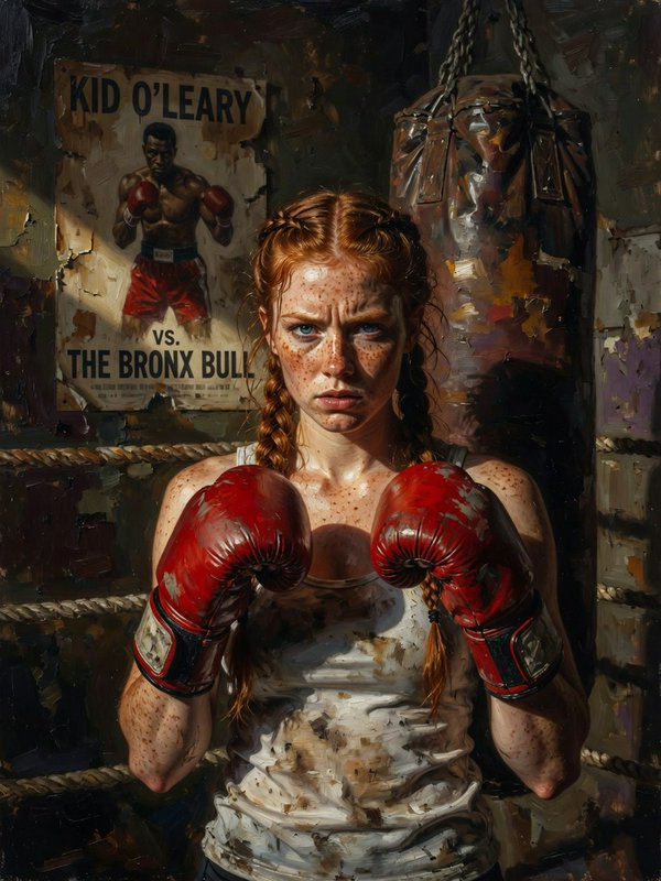 Determined freckled red-haired female boxer holds up worn gloves in a gritty old boxing ring