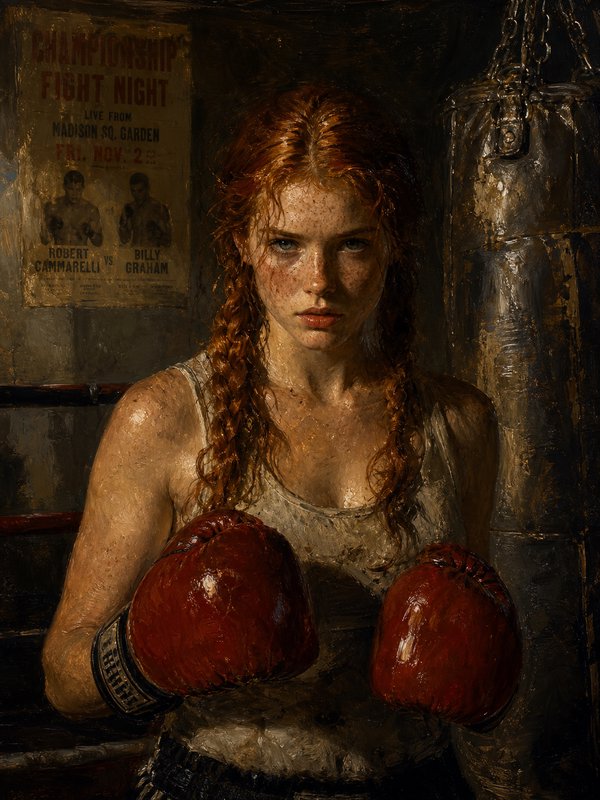 Sweaty freckled red-haired female boxer stands in guard stance in a dim vintage boxing gym