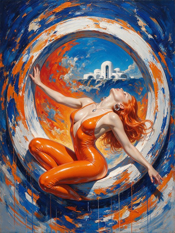 Red-haired woman in a glossy orange catsuit rests inside a swirling circular painted portal with a domed coastal building