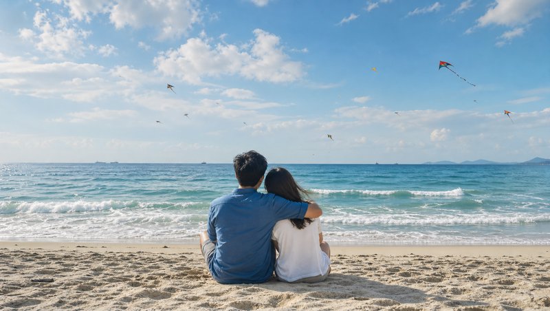 Embracing couple sitting on a sandy beach watching colorful kites float over a turquoise coastal ocean