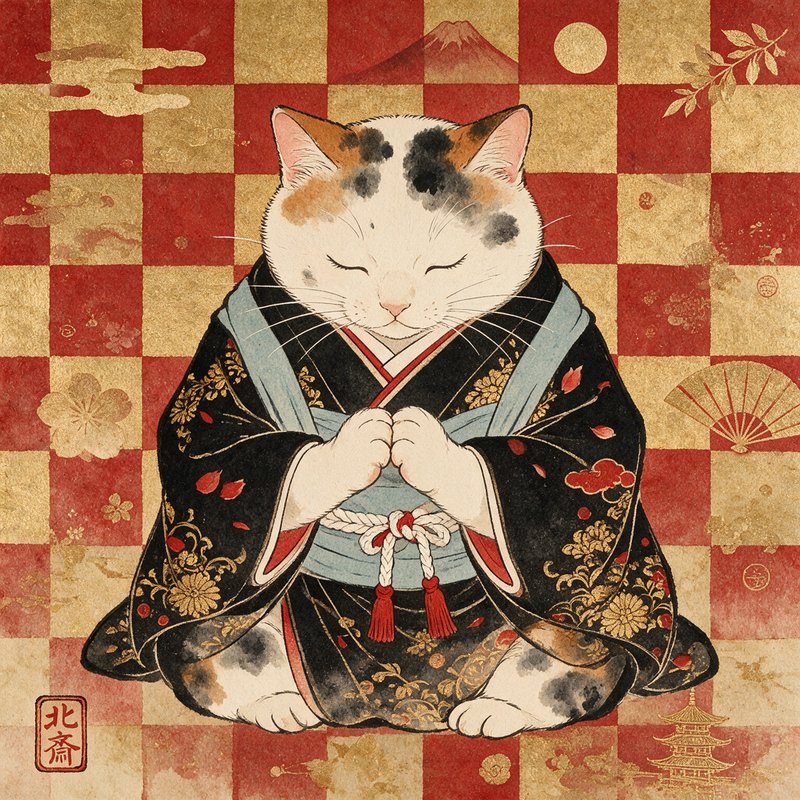 Meditating calico cat wearing an ornate traditional kimono in Japanese ukiyo-e art style