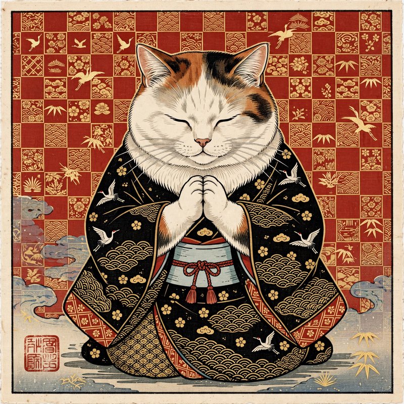 Meditative calico cat in an ornate Japanese kimono sits with clasped paws, eyes closed.