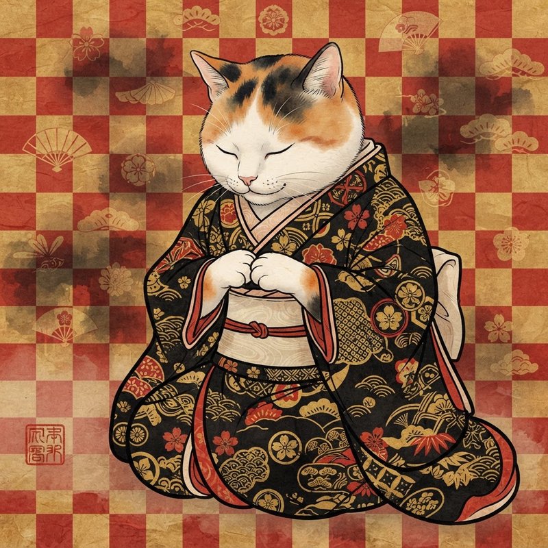 Calico cat in an ornate traditional Japanese kimono sits serenely with closed eyes against a patterned checkered backdrop