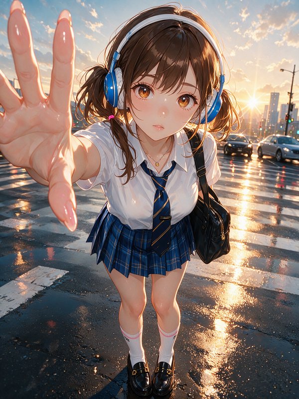 Anime schoolgirl wearing headphones reaches out toward the viewer from a wet city crosswalk at sunset
