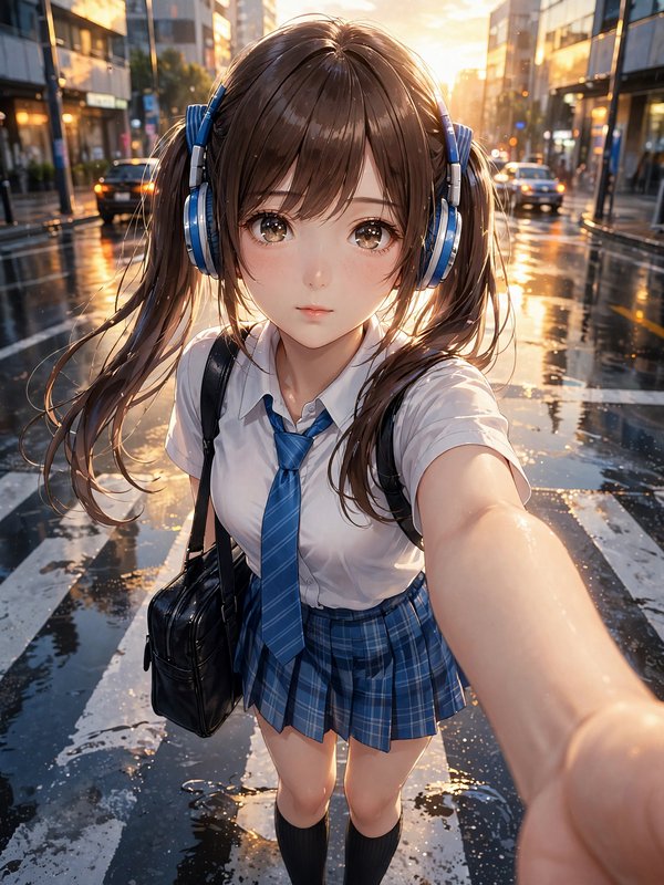 Anime schoolgirl with blue headphones reaches for the viewer on a wet city crosswalk at golden sunset