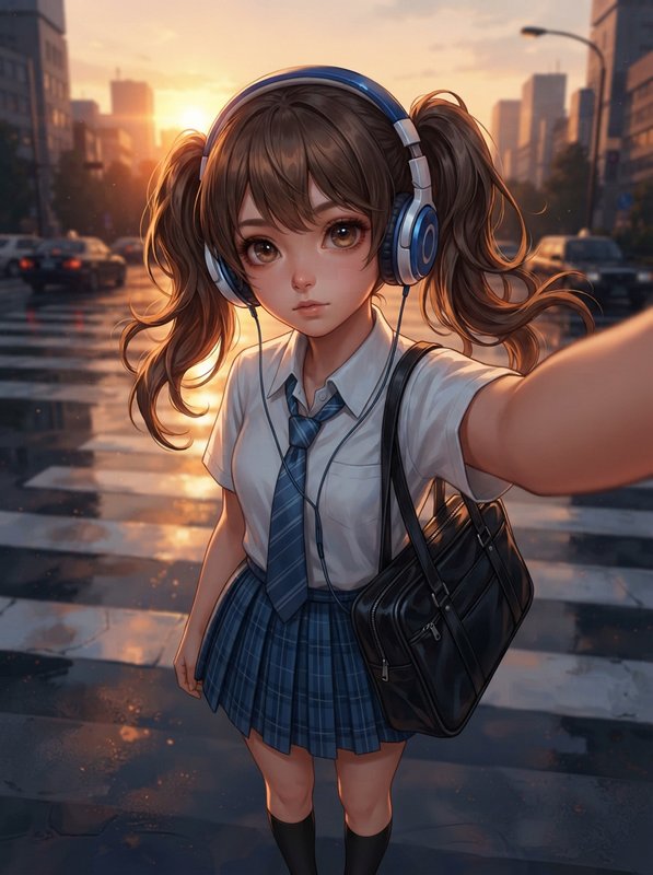 Anime schoolgirl with twin tails and headphones taking a selfie on a wet city crosswalk at sunset