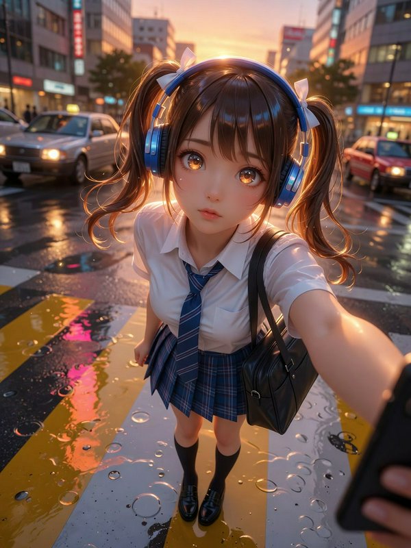 Anime schoolgirl with blue headphones takes a selfie on a wet downtown crosswalk at golden sunset