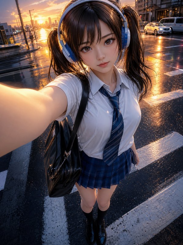 Anime style schoolgirl takes a selfie on a wet city crosswalk at golden sunset wearing over-ear headphones