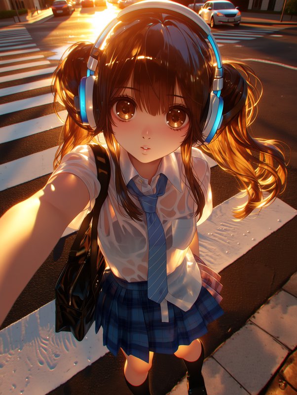 Anime schoolgirl with headphones takes a selfie on a golden hour city crosswalk