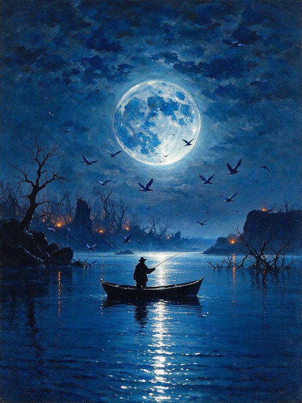 Silhouetted fisherman stands fishing from a rowboat under a giant glowing full moon on a calm night river