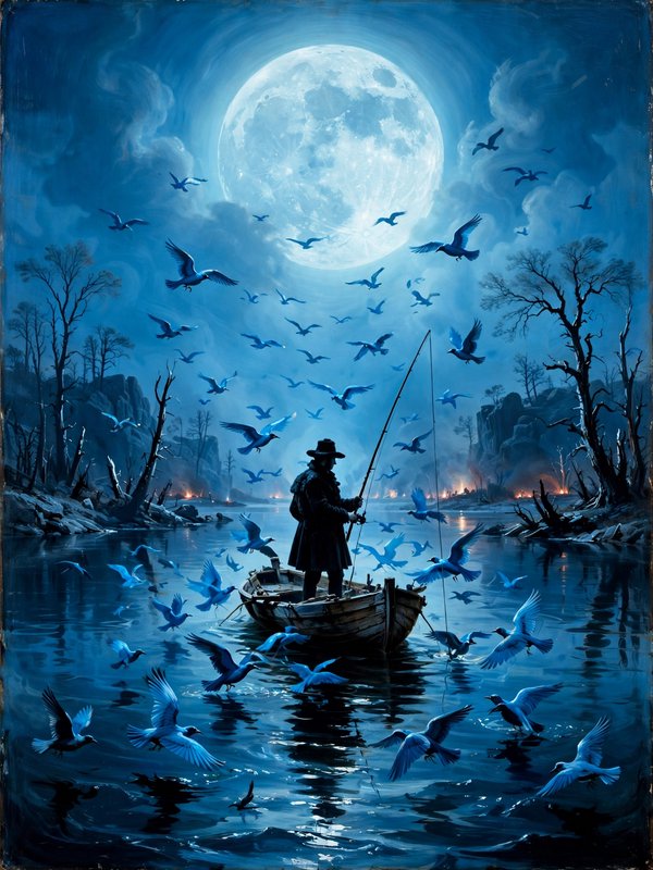 Silhouetted fisherman stands fishing from a small boat under a giant full moon surrounded by flocks of blue birds