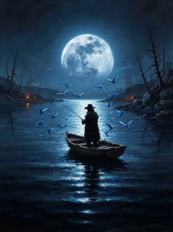 Lone cloaked fisherman fishing from a small wooden rowboat beneath a giant glowing full moon at night