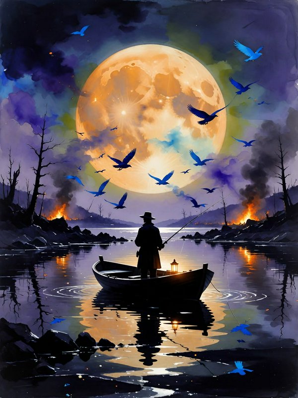 Silhouetted fisherman in a lantern-lit rowboat fishes beneath a giant glowing full moon with blue birds flying overhead