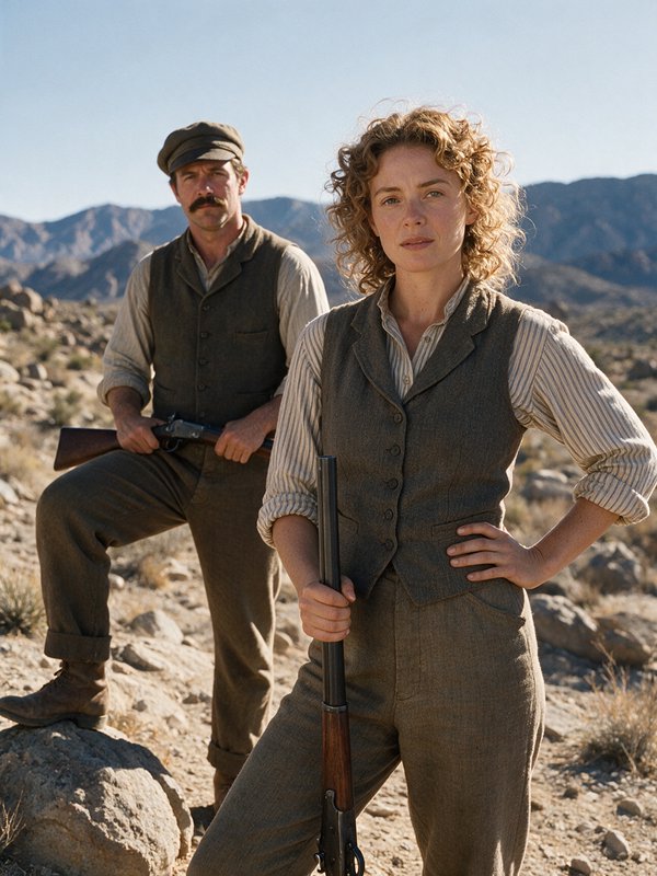 Resolute frontier couple holding vintage rifles stand in a sunlit rocky desert western landscape