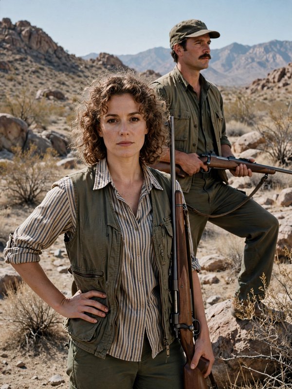 Two people holding vintage rifles stand in a sunbaked rocky arid desert landscape