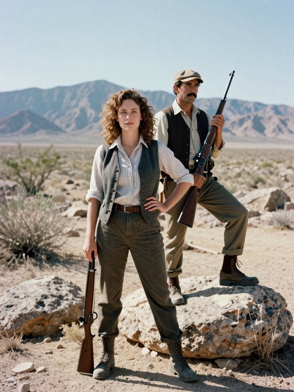 Two vintage explorer characters holding rifles stand in a rocky sunlit desert with distant mountains