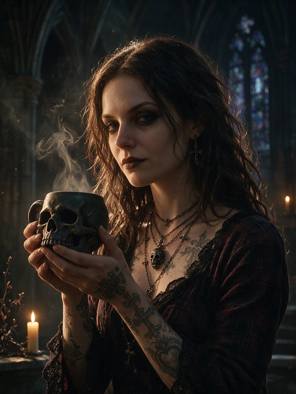 Tattooed goth woman holds a steaming skull mug inside a dim gothic cathedral