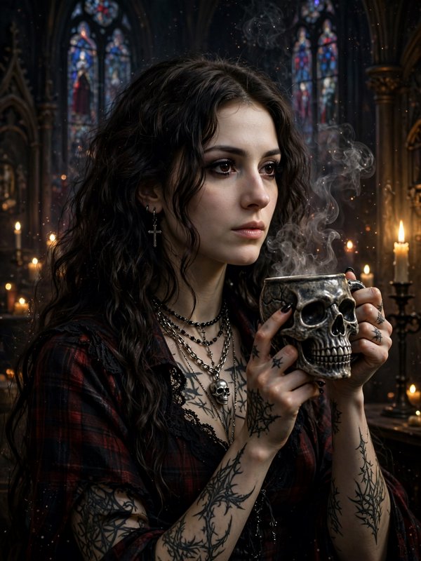 Tattooed goth woman holding a steaming skull mug in a dim candlelit gothic cathedral
