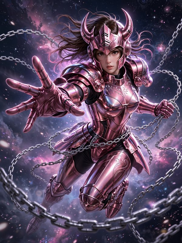 Female warrior in glossy pink horned armor reaches forward as silver chains swirl around her against a starry nebula backdrop