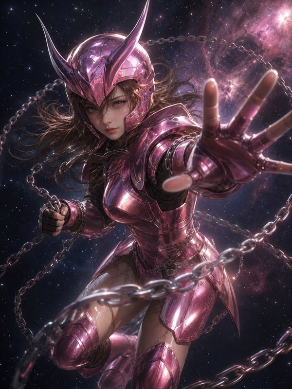Female warrior in glossy pink horned armor reaches out, surrounded by floating chains against a starry cosmic backdrop