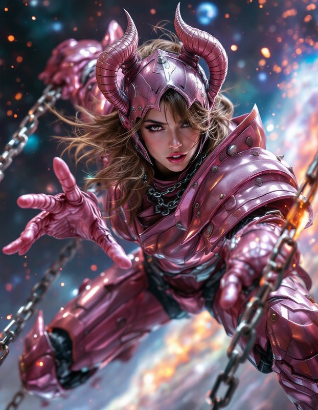 Female fantasy warrior in pink horned armor reaches toward the viewer against a glowing cosmic backdrop