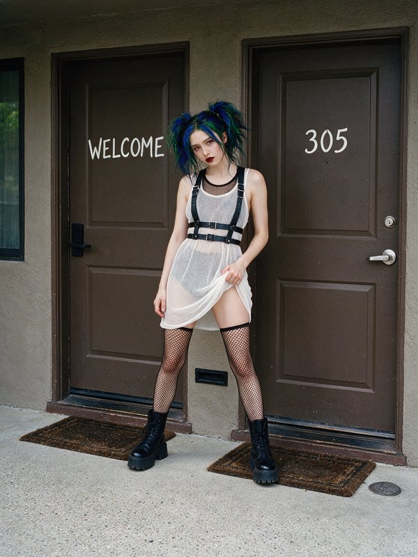Young alt goth woman with blue-green pigtails poses between two brown apartment entry doors