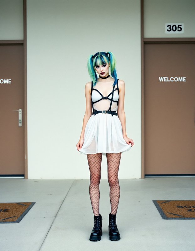 Woman with blue-green gradient pigtails in alternative fashion stands in an apartment hallway