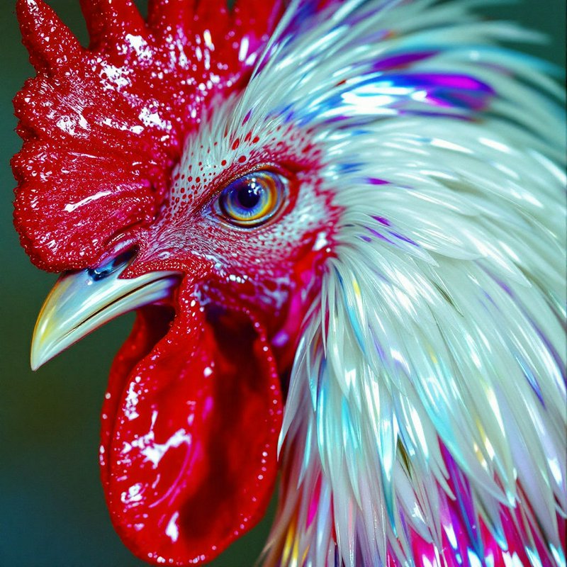 Extreme close-up portrait of a rooster with glossy red comb and iridescent flowing feathers