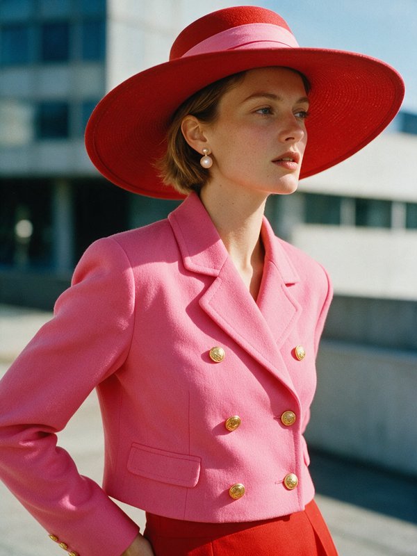 Elegant poised woman in a pink blazer and wide red hat stands in a sunny urban outdoor setting
