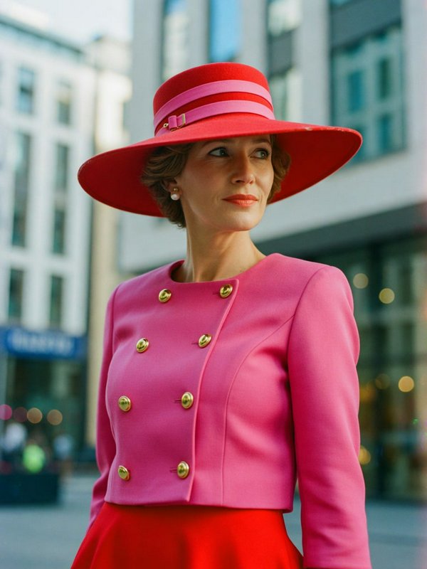 Poised elegant woman in a pink blazer and red wide-brimmed hat stands on a city street