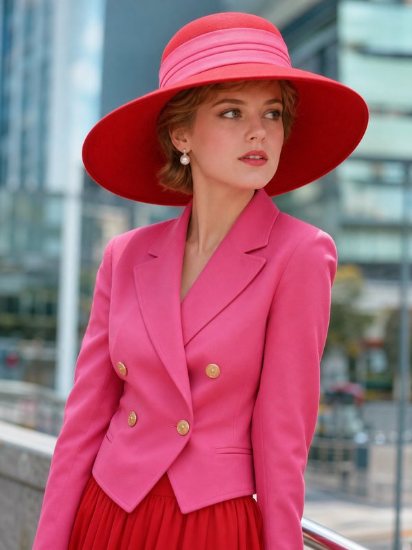 Elegant woman in a red wide brim hat and bright pink blazer stands against a blurred modern city backdrop