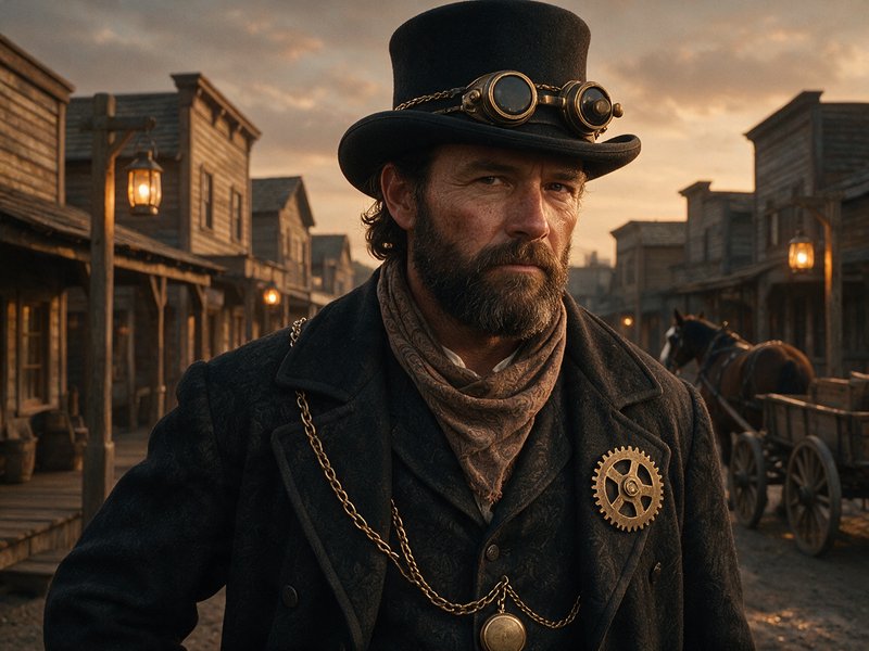 Steampunk cowboy with a top hat and goggles stands in an old wild west town at golden sunset