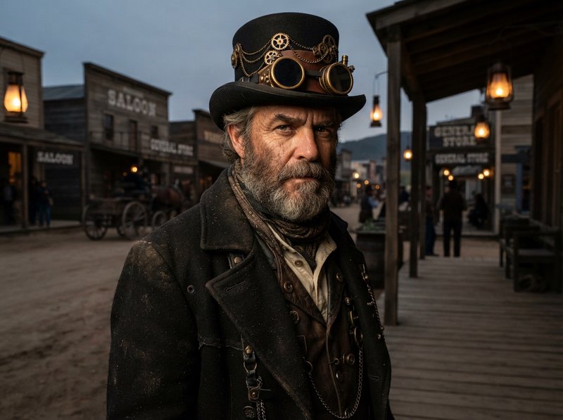 Rugged bearded steampunk man in a goggle-adorned top hat stands in a wild west town at dusk