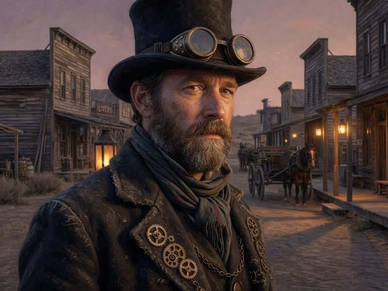 Rugged steampunk gunslinger stands in a dusty old wild west town at sunset