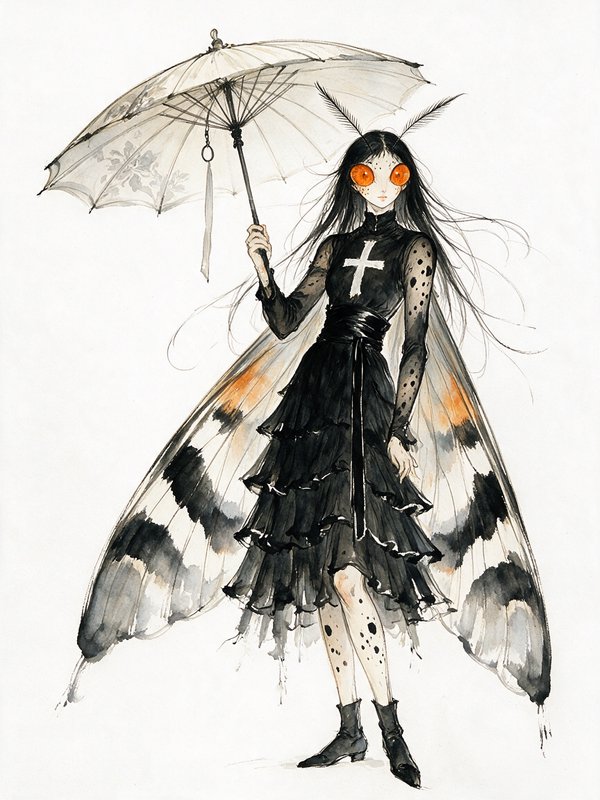 Gothic moth girl with large orange eyes holds a delicate floral parasol against a plain white bac...