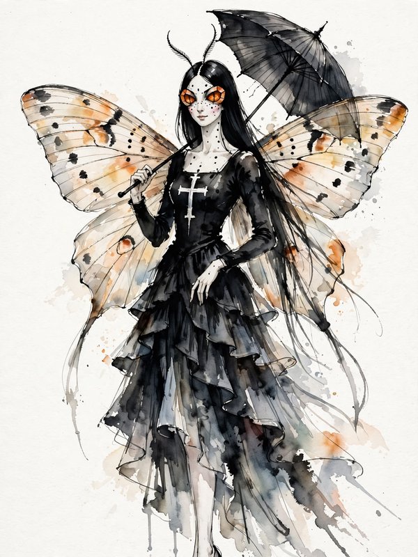 Gothic moth fairy with spotted wings holds a black parasol in a loose watercolor illustration