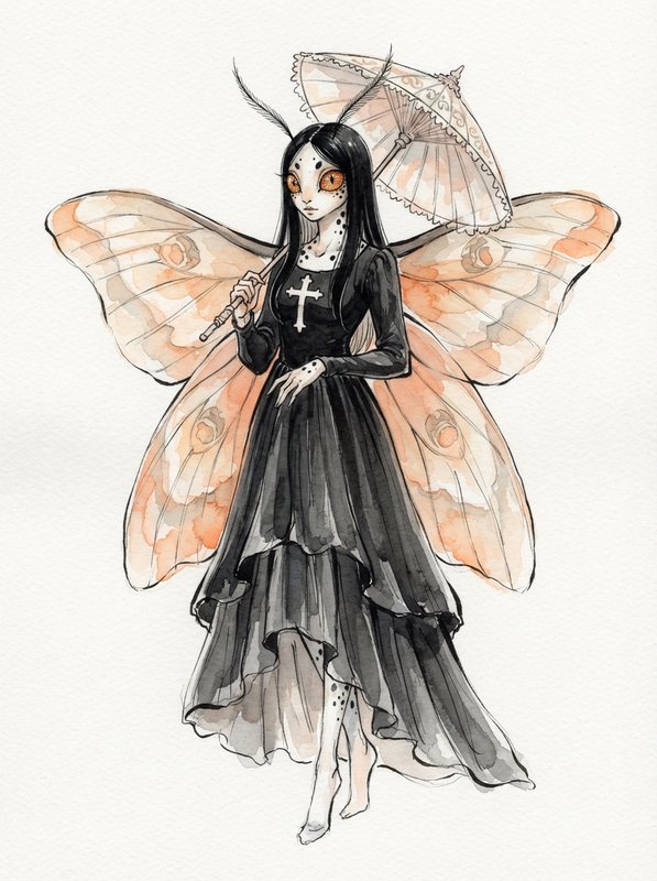 Gothic moth fairy character with peach wings holds a lace parasol in a watercolor illustration