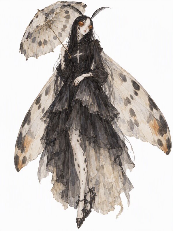 Ethereal gothic moth fairy holds a spotted matching parasol while wearing a layered black gown