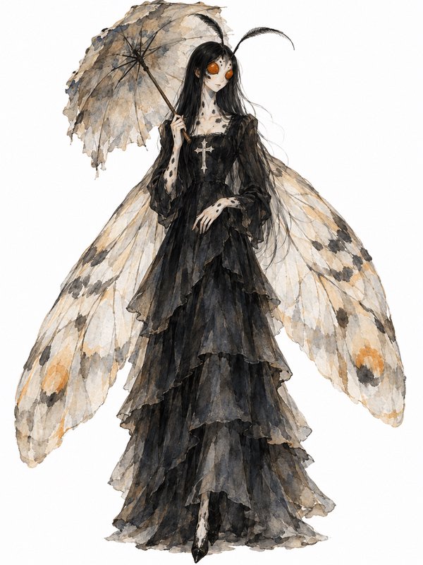 Gothic moth fairy character in a black gown holds a tattered parasol against a plain white background