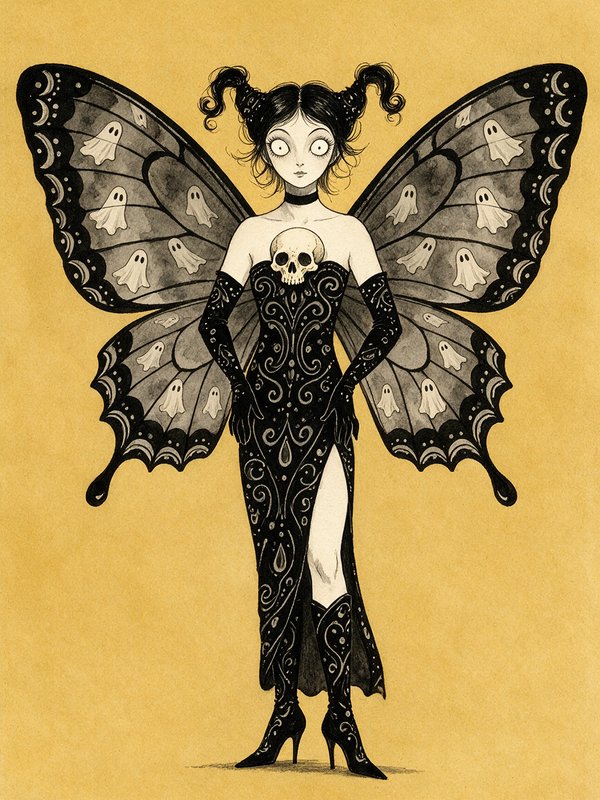Spooky goth fairy with ghost-patterned butterfly wings stands against a warm mustard yellow backg...