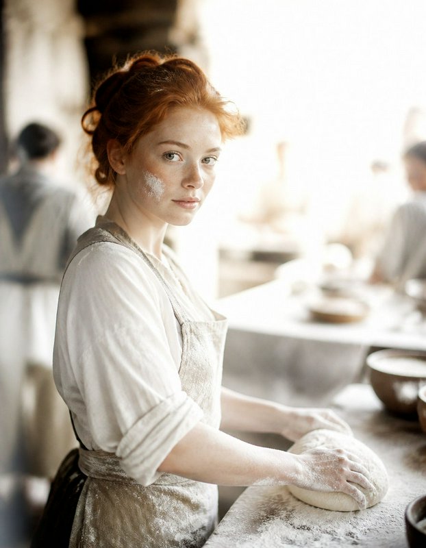 Young red-haired female baker kneads bread dough, flour dusted on her cheek, in a sunlit rustic bakery