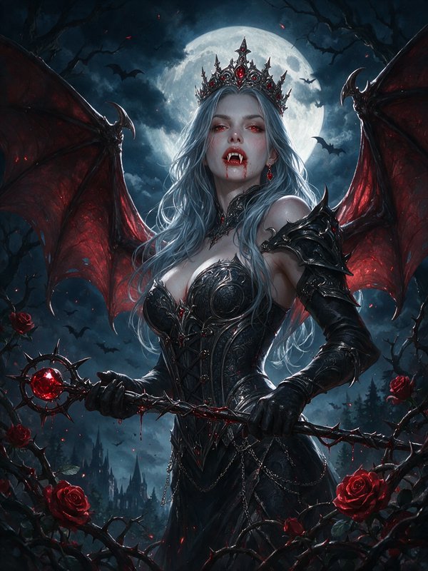 Regal vampire queen with red bat wings holds a bloodied scepter beneath a glowing full moon