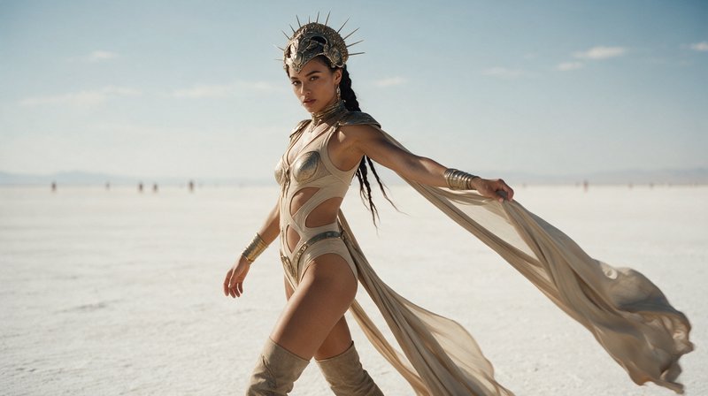 Woman in ornate spiked gold headdress and fantasy costume walks across a sunlit white salt flat