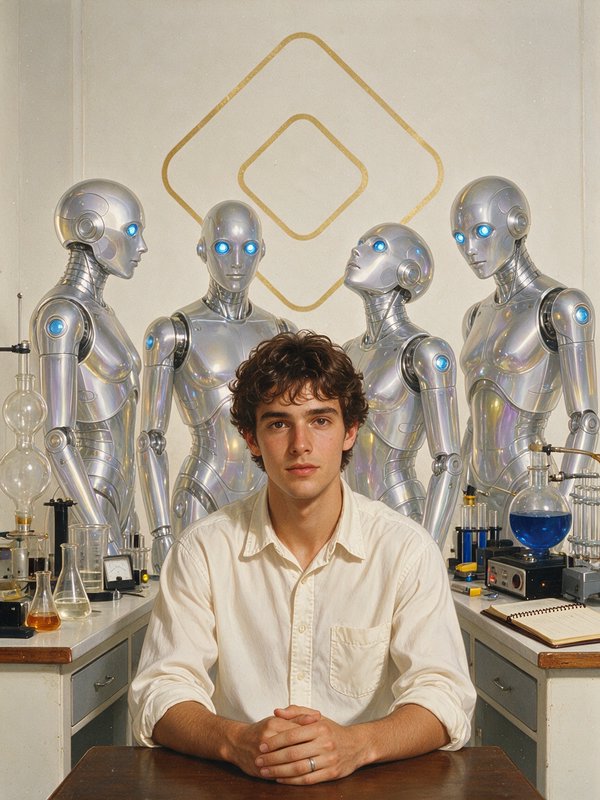 Young scientist sits at a lab table in front of four glowing-eyed chrome humanoid robots in a retro lab